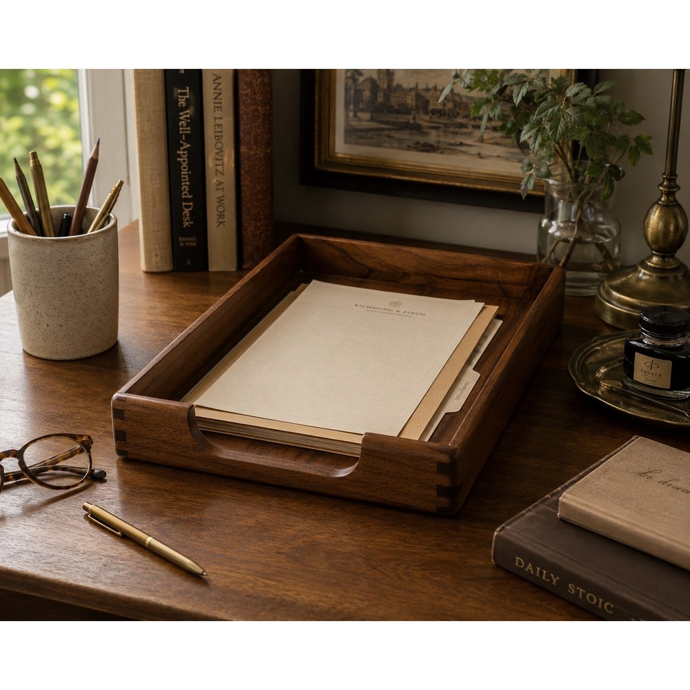 Handcrafted Solid Walnut Wood Desk Tray Catchall Organizer Mid Century Modern